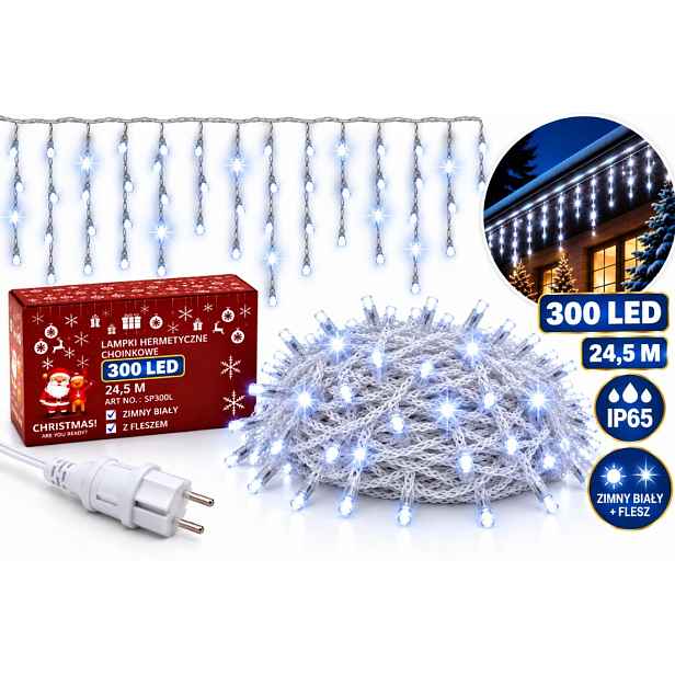 Vánoční Osvětlení Rampouchy 300 Led 24,5 M Studená Bílá Venkovní Flash