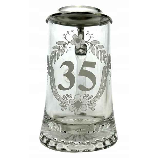 Pivní sklenice na pivo 35 let výroční s cínovým víčkem, korbel, 0,4 l