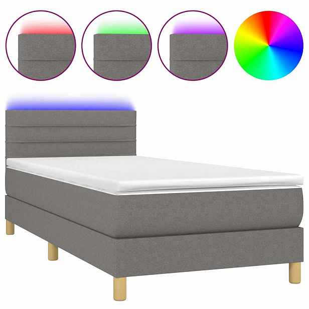 vidaXL Box spring postel s matrací a LED tmavě šedá 90x200 cm textil
