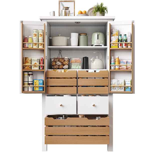 Modenvie BUFFET skříňka 80/40/140 cm z MDF bílá, se 2 dvířky a 5 zásuvkami