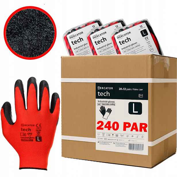 Pracovní Rukavice Mercator Tech Red+Black Latex L 240 párů