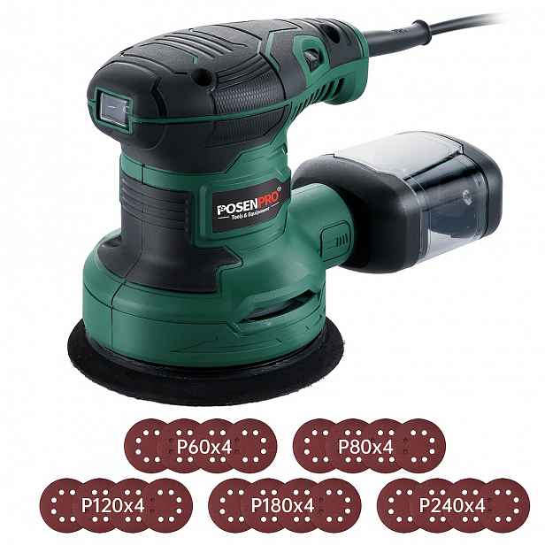 TEMU POSENPRO 300W 125mm Elektrická orbitální kotoučová bruska, 6 rychlostí nastavitelná s prachovou nádobou, efektivní sběr prachu, obsahuje