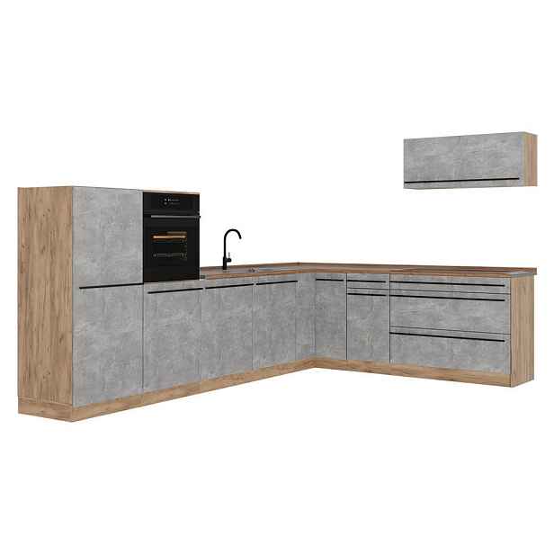 Vicco ROHOVÁ KUCHYŇ R-Line, Beton/Zlatý mocný dub, 327 x cm pracovná doska Dub Goldkraft