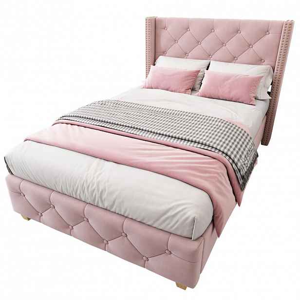Redom ČALOUNĚNÁ postel 90/200 cm s lamelovým roštem, knoflíkovým prošitím a ozdobnými cvočky, Samet, Růžová