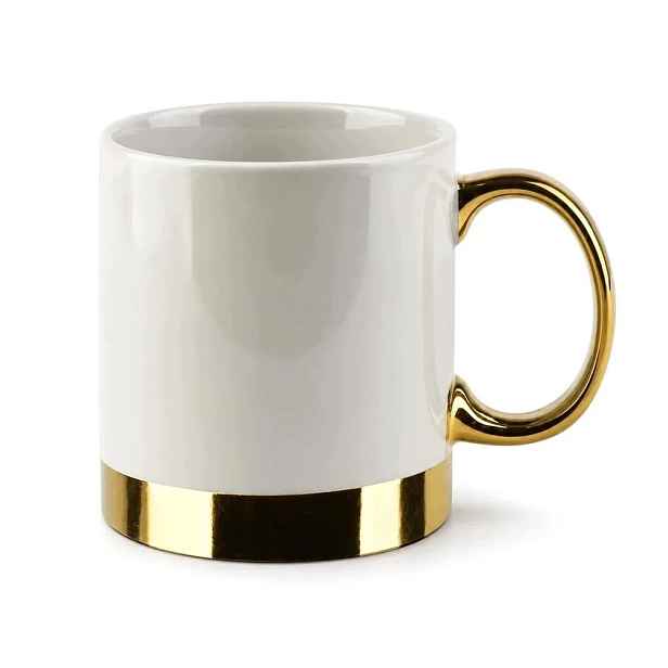 Porcelánové hrnky na kávu a čaj 330 ml, sada 6 kusů, bílé se zlatem