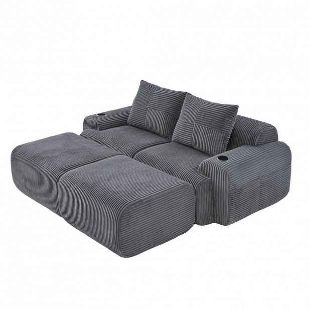 Redom MODULÁRNÍ pohovka z manšestru 200/174/80 cm se 2 taburety, držákem nápojů a boční kapsou, Tmavě šedá