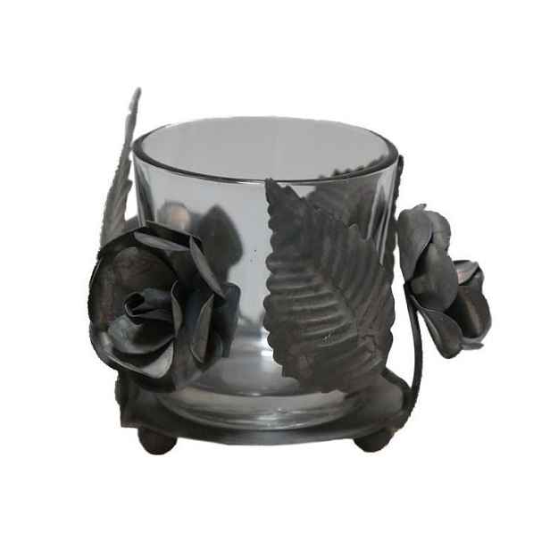 Zinkový antik kovový svícen na čajovou svíčku s květy Flow - Ø 9*7 cm Chic Antique