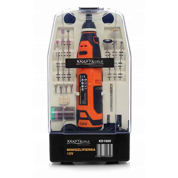 Kraft Dele KD1669 Mini akumulátorová bruska 12V na baterie, příslušenství