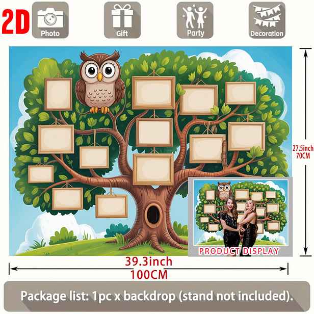 TEMU 2D plochá, 2D plochá vlajka, 1ks pozadí, Rodokmen připomínající se sovami sedícími na něm, ozdobený prázdnými fotorámečky, dekorace pozadí,