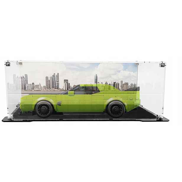 Vitrína s černou základnou a pozadím pro stavebnici Lego 77237 Dodge Challenger