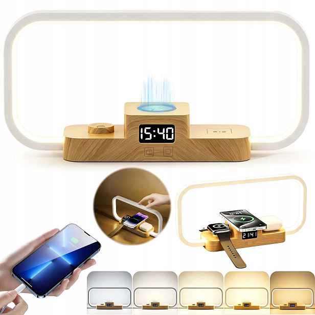 Noční Lampa Nabíječka Indukce Hodiny 5 Teplot Barev 220 LM
