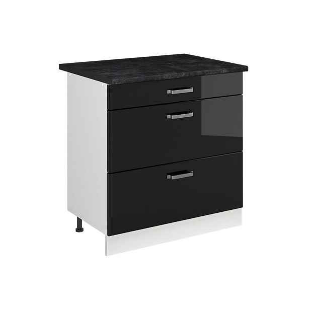 Vicco SPODNÍ SKŘÍŇKA KUCHYŇSKÉ LINKY R-Line, Černý vysoký lesk/Bílá, 80 cm se 3 zásuvkami pracovná doska antracitová