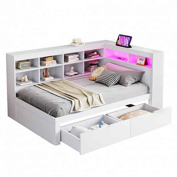 CHICFURN POSTEL 90/200 cm v bílé barvě s úložným prostorem, LED a USB