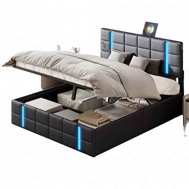 SHOPENTRA ČALOUNĚNÁ postel 160x200 cm Černá PU kůže LED USB box