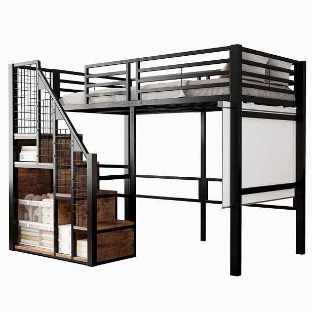 Modfu PATROVÁ postel z kovu a MDF 90x200 cm černá s úložným prostorem, schody a pracovní zónou