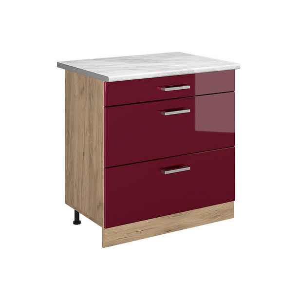 Vicco SPODNÍ SKŘÍŇKA KUCHYŇSKÉ LINKY R-Line, Červená vysoký lesk/Zlatý mocný dub, 80 cm se 3 zásuvkami pracovná doska Mramor