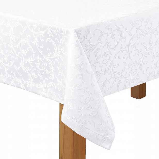 Ubrus odolný proti skvrnám 150x330 Žakard Bílý Akantové listy 3 cm Manžeta