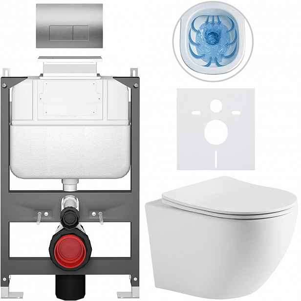 Kompletní WC set Basic/Cesso - bílá matná - WC tlačítko Modulo/Stříbrná - ovládání shora - předstěnová instalace - 49x36 cm - 8050BD86280