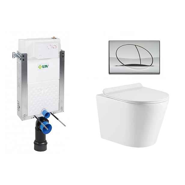 Liv-Fluidmaster Wc set Ring II Wall podmítková nádrž do zdiva; rimless mísa; sedátko a tlačítko lesklý chrom 195872 - SET(195872; 669931; OLKLT053ER)