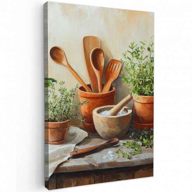 MuchoWow OBRAZ NA PLÁTNĚ Hrnce - Bylinky - Dřevo 60x90 cm