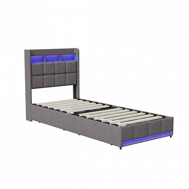 SHOPENTRA ČALOUNĚNÁ postel 90×200 cm šedá, len, 2 zásuvky, USB, LED