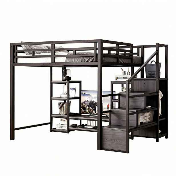 CHICFURN VYVÝŠENÁ POSTEL 140/200 cm v černé barvě s TV stojanem a zásuvkou