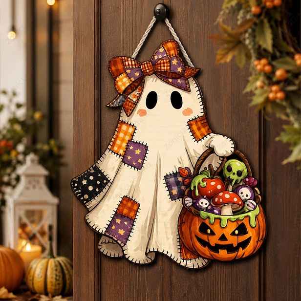 TEMU 2D plochý látkový duch, dřevěný závěsný dekor na dveře, rustikální halloweenská podzimní cedule na dveře, roztomilá strašidelná dekorace s dýní,