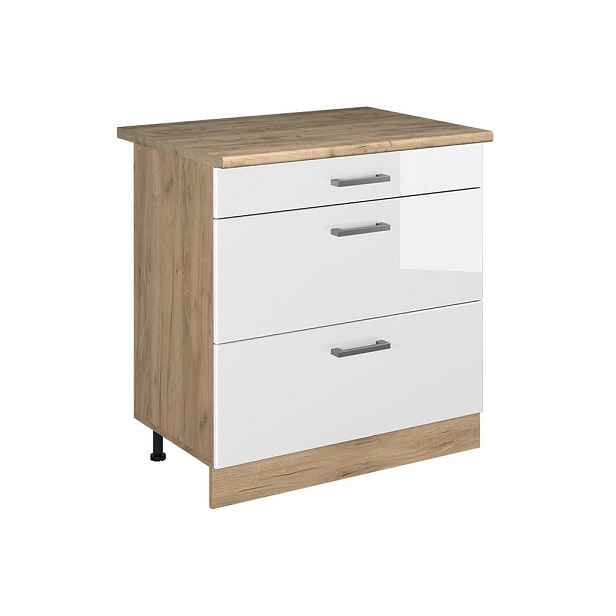 Vicco SPODNÍ SKŘÍŇKA KUCHYŇSKÉ LINKY R-Line, Bílá vysoký lesk/Zlatý mocný dub, 80 cm se 3 zásuvkami pracovná doska Dub Goldkraft