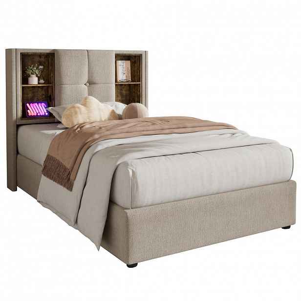 Modfu ČALOUNĚNÁ postel z lnu 90x200 cm přírodní s bezdrátovým nabíjením, USB a úložným prostorem