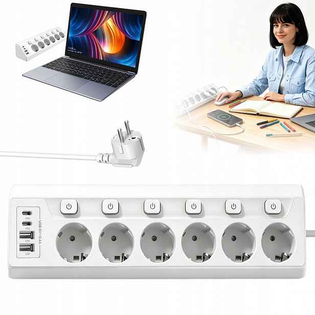 Prodlužovací Kabel Vypínač 4x Usb 6 Zásuvky 2 m Uzemnění Zásuvková Lišta 230 V