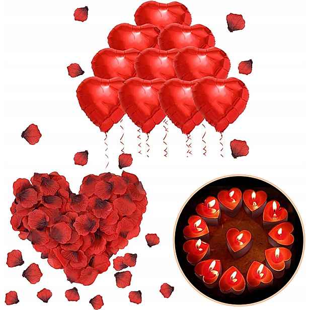 Romantický dekorační set, svíčky, okvětní lístky růží, balónky, Valentýn,