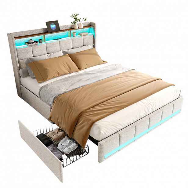SHOPENTRA ČALOUNĚNÁ postel 180x200 cm béžová, lněná, LED, USB Type-C, 4 zásuvky