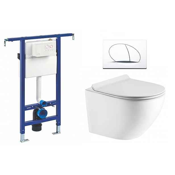 Liv-Fluidmaster Wc set Ring Core podmítková nádrž do bytového jádra; rimless mísa; sedátko a bílé tlačítko 195853 - SET(195853; 222021; OLKLT046E)