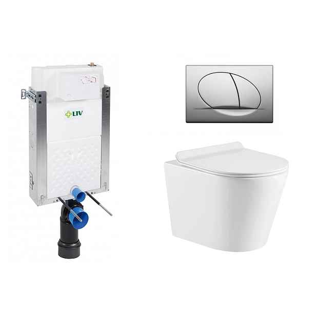 Liv-Fluidmaster Wc set Ring II Wall podmítková nádrž do zdiva; rimless mísa; sedátko a tlačítko matný chrom 195868 - SET(195868; 669931; OLKLT053ER)