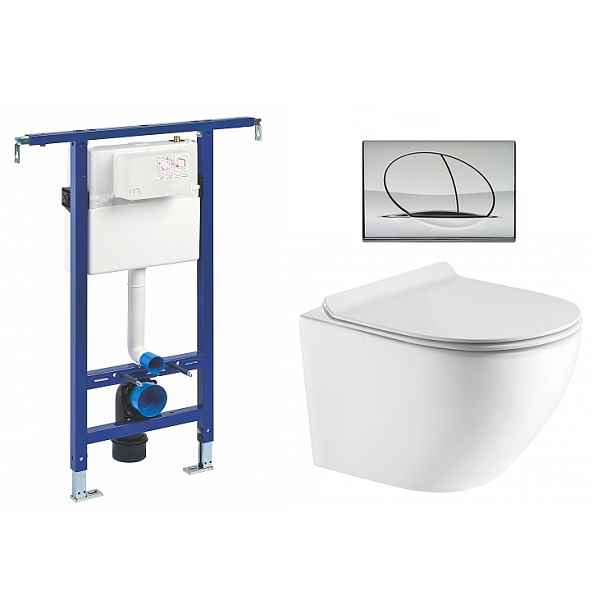 Liv-Fluidmaster Wc set Ring Core podmítková nádrž do bytového jádra; rimless mísa; sedátko a tlačítko lesklý chrom 195872 - SET(195872; 222021;  OLKLT046E)