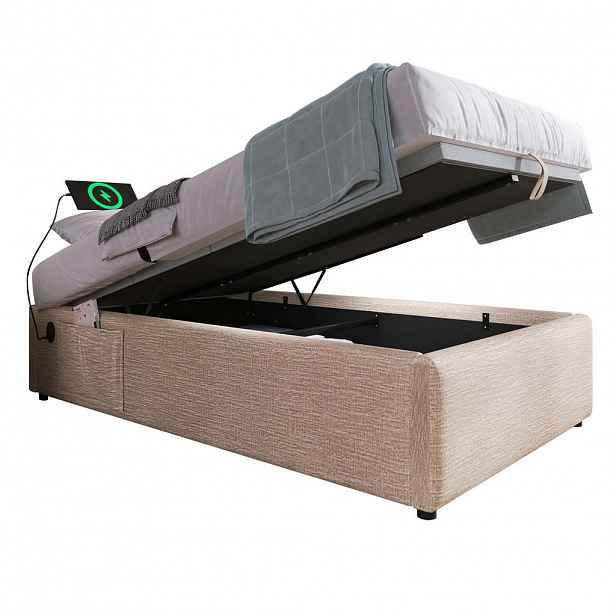 Modfu ČALOUNĚNÁ postel z lnu 90x190 cm béžová a přírodní s USB/Type-C, hydraulickým úložným prostorem a plným dnem