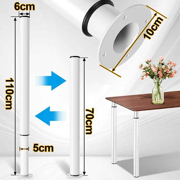 TEMU 4X/8X/12X Nastavitelné kulaté nohy ke stolu, bílé kovové nohy nábytku pro stůl, pracovní desku, snídaňový bar, 70-110 cm