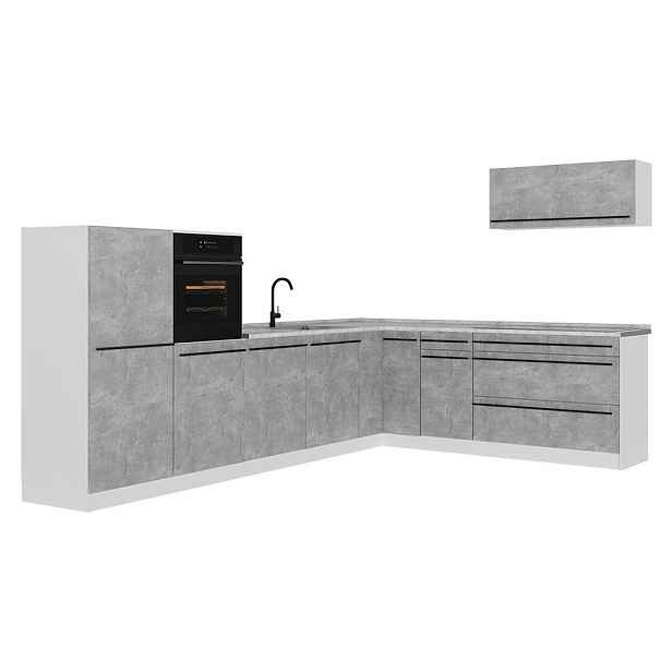 Vicco ROHOVÁ KUCHYŇ R-Line, Beton/Bílá, 327 x cm pracovná doska Mramor