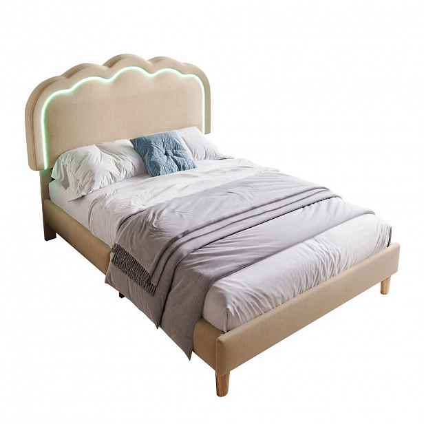 Modfu ČALOUNĚNÁ postel z lnu 90x190 cm béžová s LED čelem, nastavitelným čelem a stabilní konstrukcí