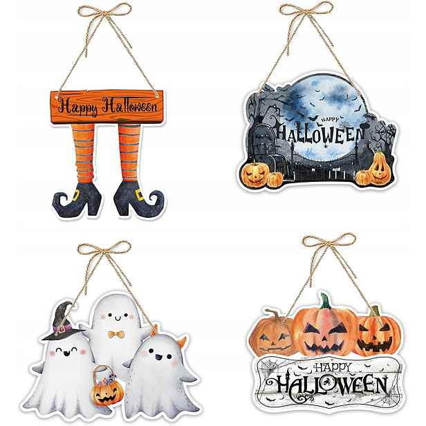 Závěsné Tabulky S Dýní Na Halloween – Sada 4 Kusů Pro Vchodové Dveře