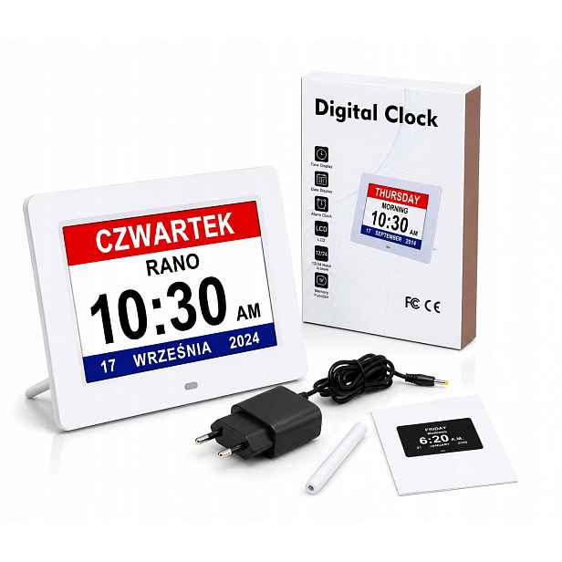 Digitální kalendář pro seniory 7'' Hodiny Den v týdnu Alarm Leki Polský