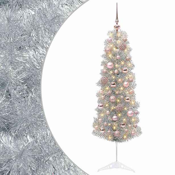 vidaXL Štíhlý umělý vánoční stromek s vánočními koulemi 150 cm 150 LED
