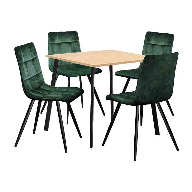 Jídelní stůl 80x80 BERGEN dub + 4 židle BERGEN zelený samet