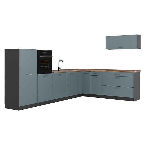 Vicco ROHOVÁ KUCHYŇ R-Line, Modrošedá/Antracit, 327 x cm pracovná doska Dub Goldkraft