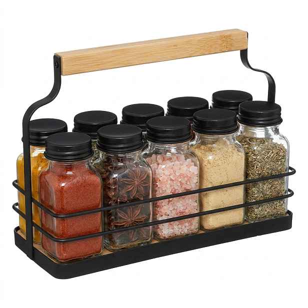 5Five® Stojan s 10 hranatými kořenkami, černé víčka, kov, dřevo 22 x 9 x 16 cm