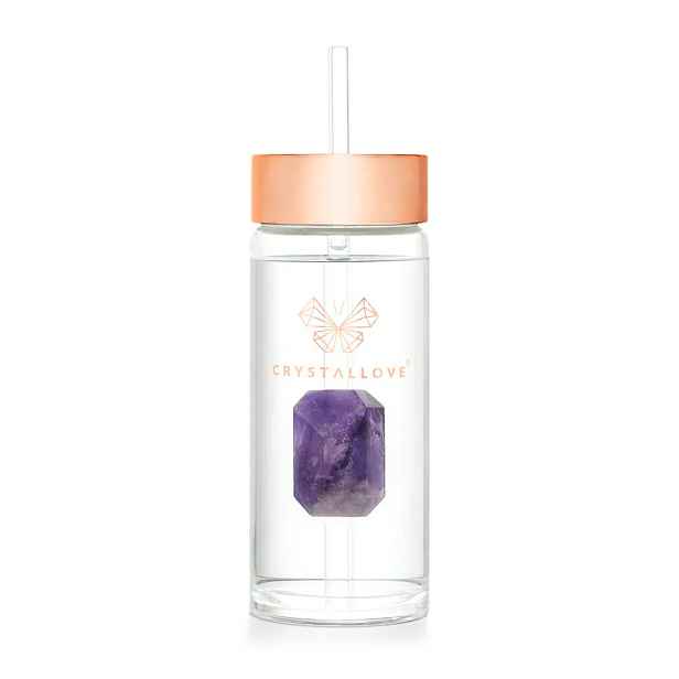 Crystallove Skleněná lahvička na vodu s ametystem a brčkem 400 ml
