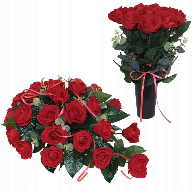 Umělé růže na hřbitov Komplet Dekorace Kytice Červená 56 cm