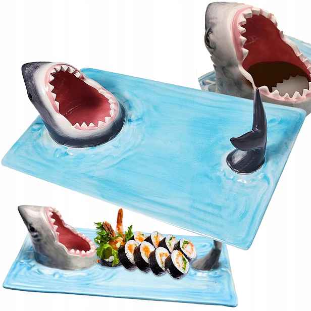 Keramický talíř na servírování sushi Modro-dekorativní 3D žraloka 33 cm