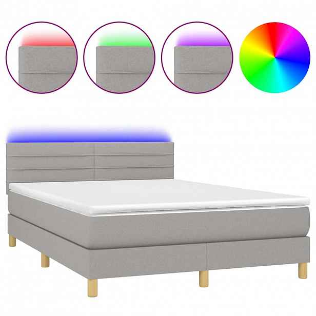 vidaXL Box spring postel s matrací a LED světle šedá 140x190 cm textil