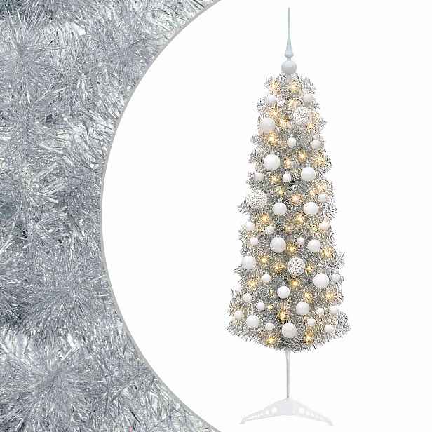 vidaXL Štíhlý umělý vánoční stromek s vánočními koulemi 150 cm 150 LED